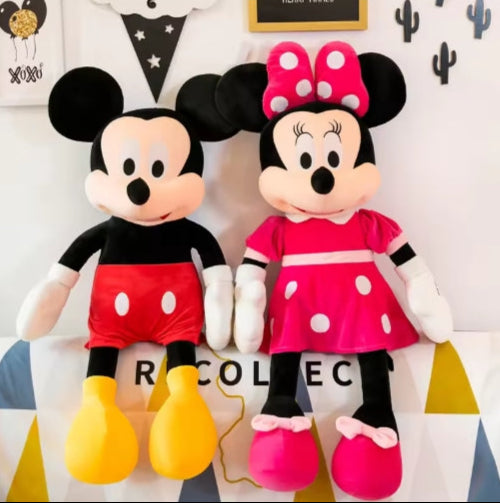 35cm Disney Mickey and Minnie Mouse plush dolls featuring soft, huggable fabric, iconic outfits, and friendly expressions, suitable for children aged 3 and up.