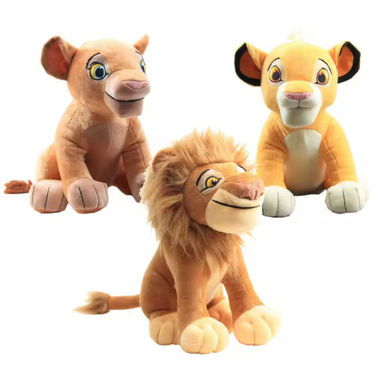 Set of three 30 cm Lion King plush dolls featuring Simba, Nala, and Mufasa, made from ultra-soft material, suitable for children aged 3 and up