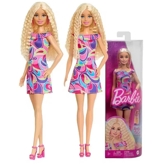 Classic Barbie doll with blonde hair wearing a bright pink dress, designed for imaginative play.
